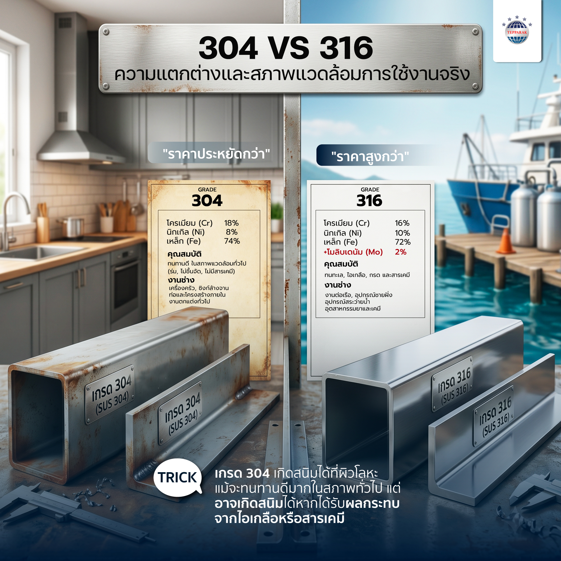 เจาะลึกความต่าง สแตนเลส 304 VS 316 เลือกอย่างไรให้คุ้มค่าและเหมาะกับหน้างานจริง