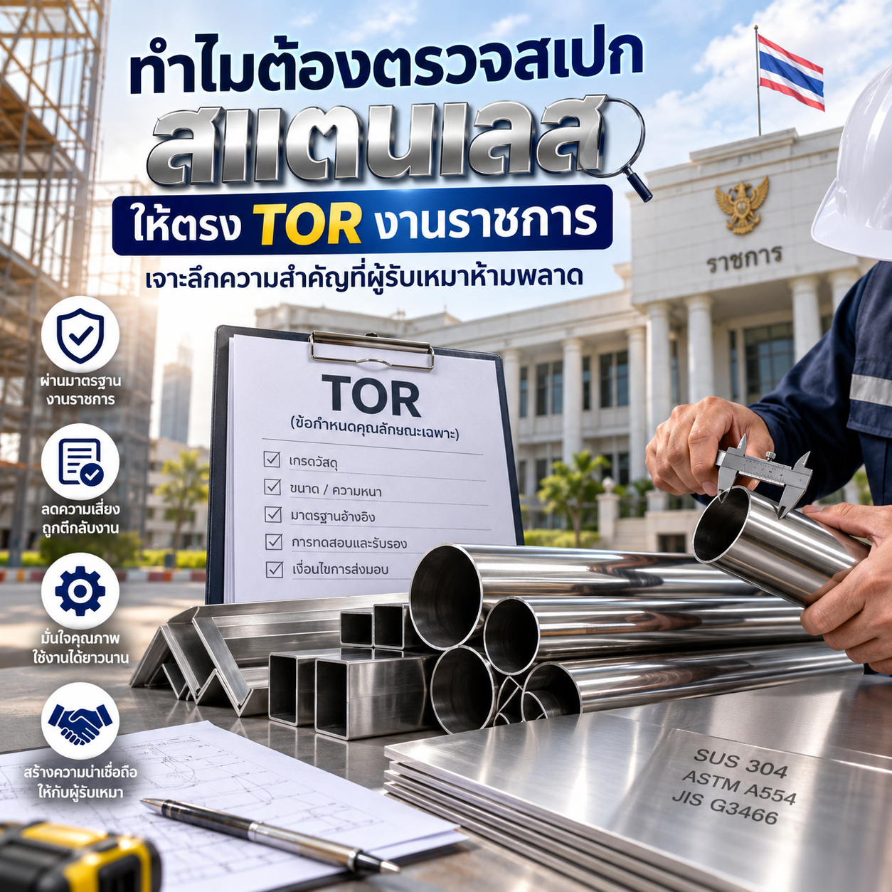 เจาะลึกมาตรฐานสแตนเลสตาม TOR งานราชการ: เช็กลิสต์สำคัญที่ผู้รับเหมาต้องรู้ก่อนส่งมอบงาน