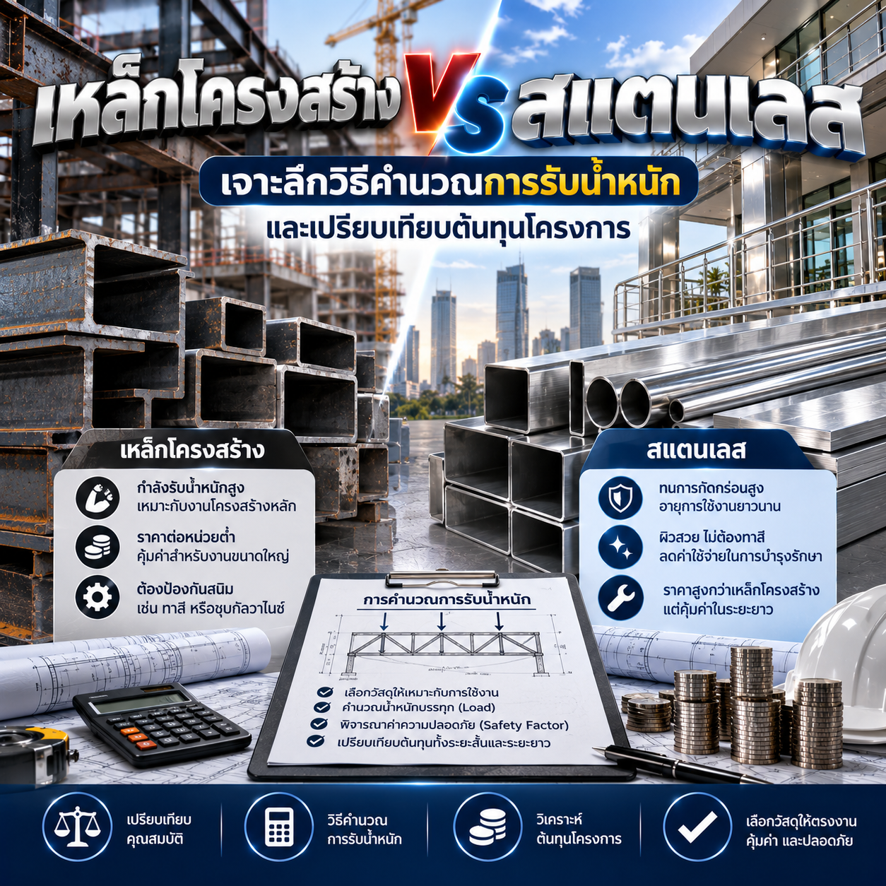 เหล็กโครงสร้าง VS สแตนเลส: เจาะลึกวิธีคำนวณการรับน้ำหนัก และเปรียบเทียบต้นทุนโครงการ