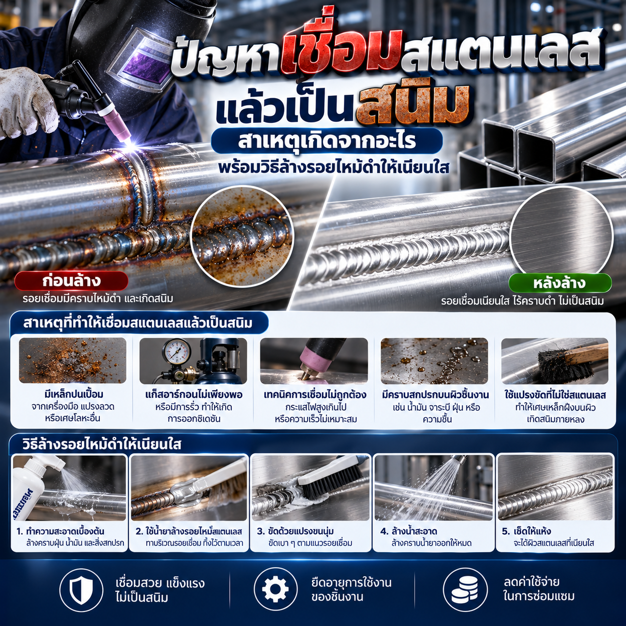ปัญหาเชื่อมสแตนเลสแล้วเป็นสนิม สาเหตุเกิดจากอะไร พร้อมวิธีล้างรอยไหม้ดำให้เนียนใส
