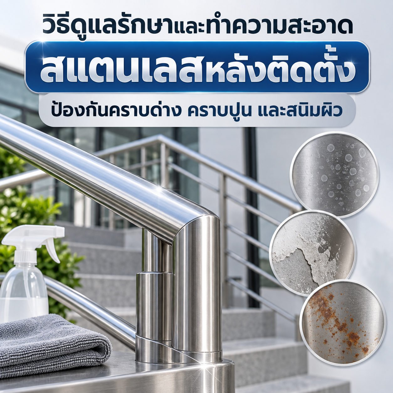 วิธีดูแลรักษาและทำความสะอาดสแตนเลสหลังติดตั้ง ป้องกันคราบด่าง คราบปูน และสนิมผิว