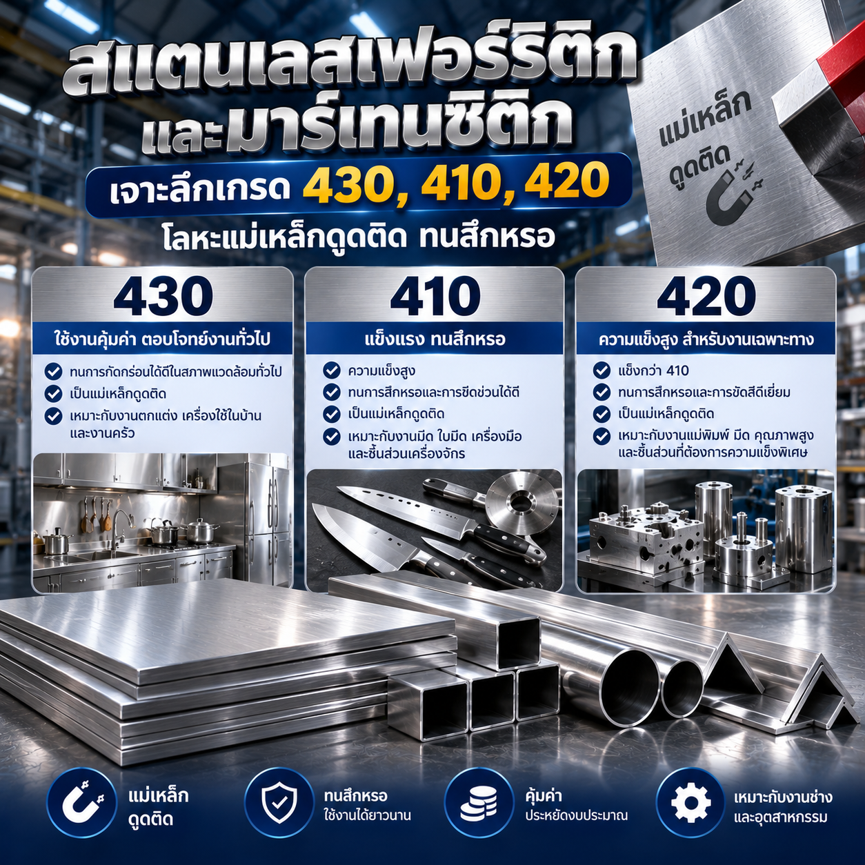 เจาะลึกสแตนเลสเฟอร์ริติก & มาร์เทนซิติก: เปรียบเทียบความต่างเกรด 430, 410 และ 420