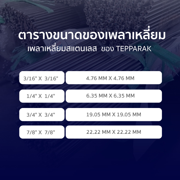 ตารางขนาดเพลาเหลี่ยมสเตนเลส Tepparak (Stainless Steel Square Bar)